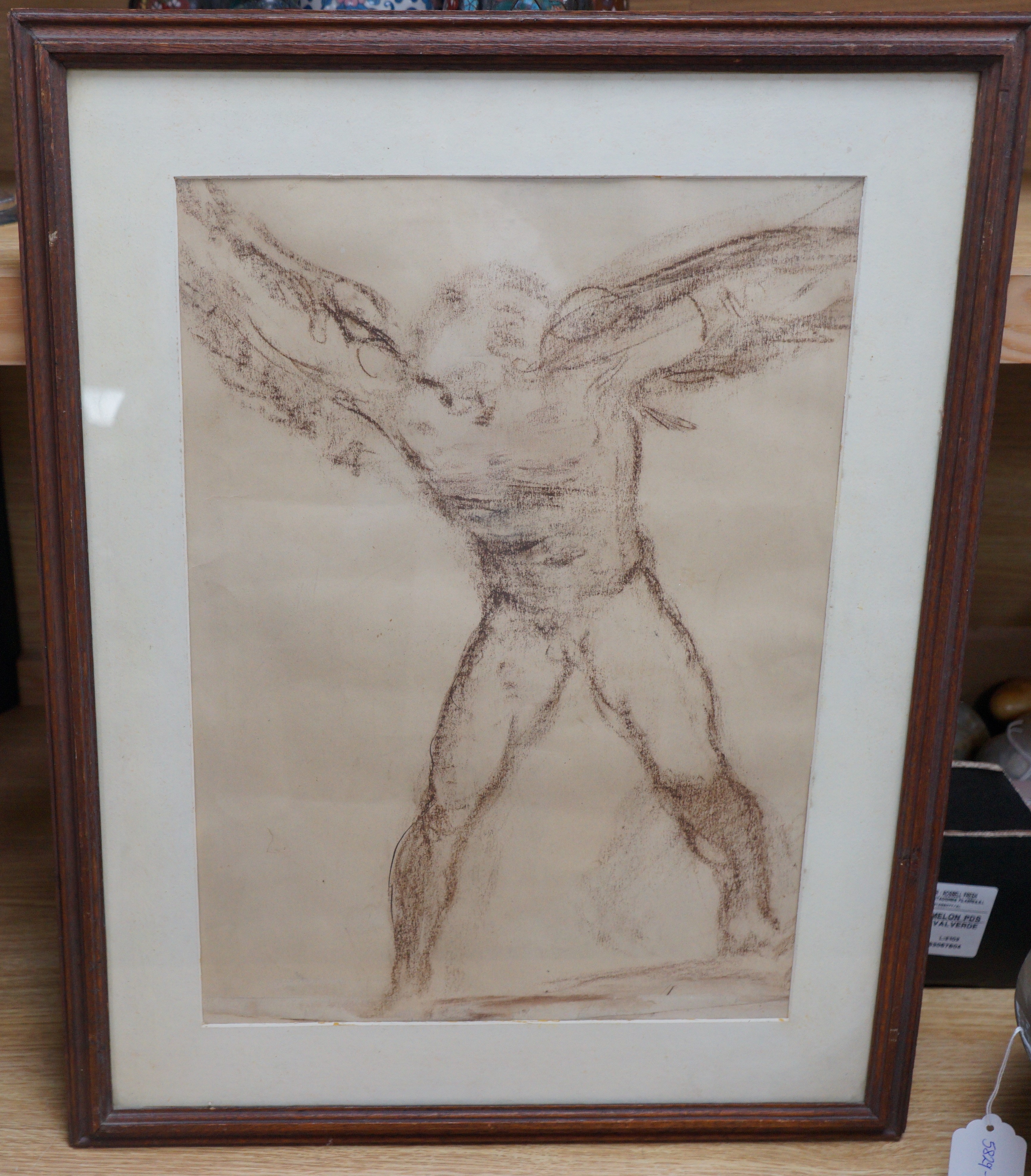 Modern British, brown chalk on paper, Study of a winged figure, 44 x 32cm